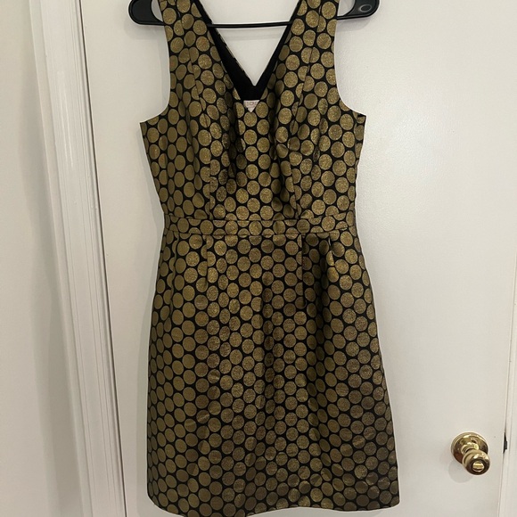 J. Crew Dress Womens 8 Gold Black Metallic Dot Jacquard V-Neck Cocktail Party - Picture 1 of 5